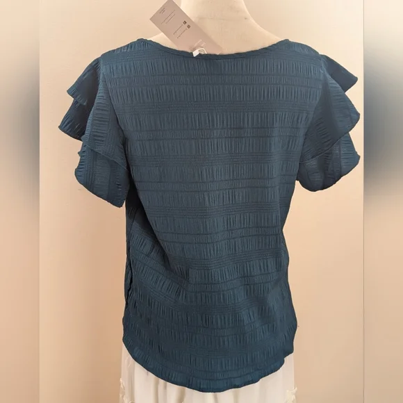 NWT Emery Rose Women's Size Medium Elegant Deep Teal Blue Ruffle Sleeve Top - Picture 4 of 10